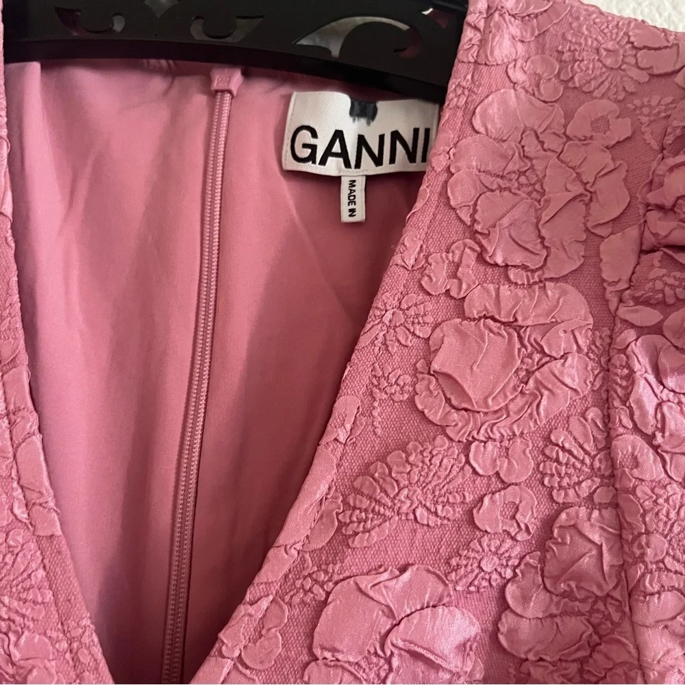 Ganni Pink Jacquard V-Neck‎ Mini Dress Orchid Smoke NWOT EU 34